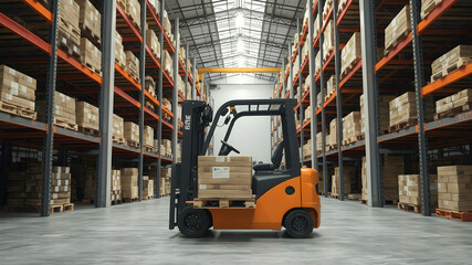 Naklejka premium An industrial warehouse with a forklift in motion, transporting a pallet of goods through a narrow aisle