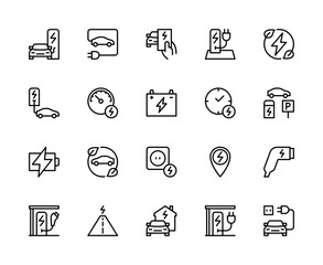 Car charging station vector linear icons set. Contains such icons as electric vehicle, charging icon, battery and more.