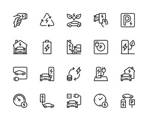 Car charging station vector linear icons set. Contains such icons as charging icon, car, eco-friendly, parking and more.