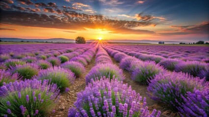 Lavender blooms in a vibrant field at sunrise , lavender, field, sunset, sunrise, flowers, nature, beauty, purple