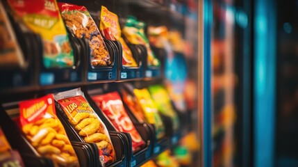 Close-up of a vending machine selection panel, showcasing a variety of snacks with vibrant packaging under bright lighting