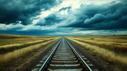 Obraz premium Railroad tracks vanishing into a dramatic, stormy sky over a vast field.