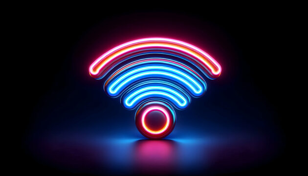 Icon A glowing neon WiFi internet icon, 3D rendered and isolated on a white background, symbolizing fast 2
