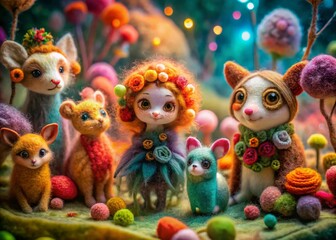 Fototapeta premium Surreal Needle Felting Wonderland: Fluffy Animal Hair Crafts Creating Whimsical Dolls and Handicraft Decorations in a Dreamlike Artistic Setting