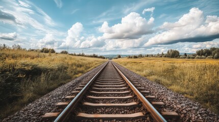 Obraz premium Railroad tracks vanishing into a sunny landscape.