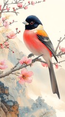 A vibrant pink bird perched on a blossoming plum branch against a mountain backdrop.