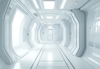 Obraz premium Abstract white corridor with doors and lights, a minimalistic interior design of the hall in an office, museum, or gallery