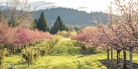 A vibrant spring orchard in full bloom, with rows of fruit trees and bees buzzing around. The soft sunlight and colorful blossoms evoke renewal and joy.