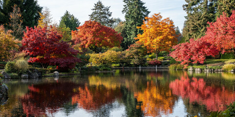Obraz premium A serene lake surrounded by autumn trees with leaves in shades of red, orange, and gold. The still water reflects the vibrant colors, creating a picturesque and tranquil setting.