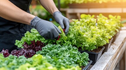 Fototapeta premium Harvesting Fresh Lettuce in a Greenhouse Setting