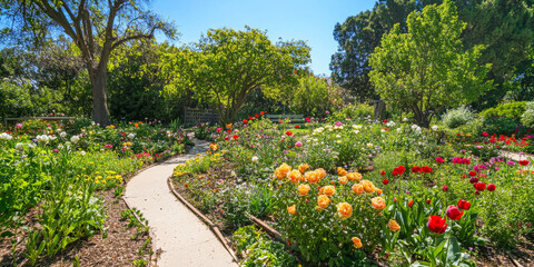 Obraz premium A vibrant flower garden in full bloom, with pathways winding through colorful beds of roses, tulips, and daisies. The bright sunlight and rich greenery create a joyful ambiance.