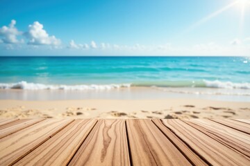 Fototapeta premium Serene beachfront with wooden deck overlooking turquoise ocean waves under clear blue sky.