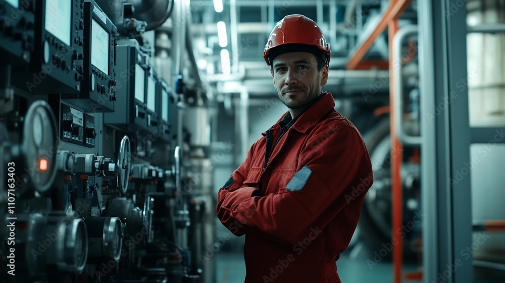 Poster a worker in a red uniform and helmet stands in an industrial setting.