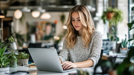 A woman working on a laptop in a plant-filled office space.