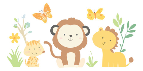 Obraz premium Cute flat vector animal set in a simple style, isolated on a white background
