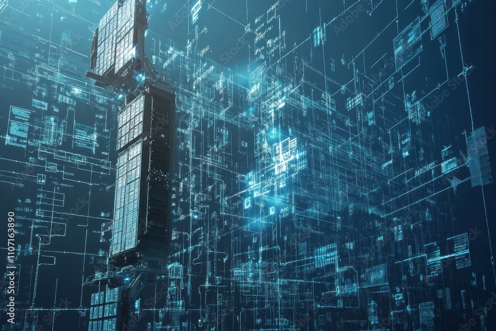 Poster exploration of advanced satellite technology surrounded by digital data streams