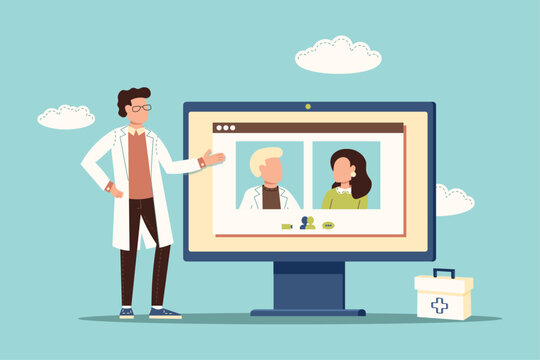 Doctor shows online medical exam between doctor and patient. Concept of online medicine, telemedicine. Flat vector illustration.