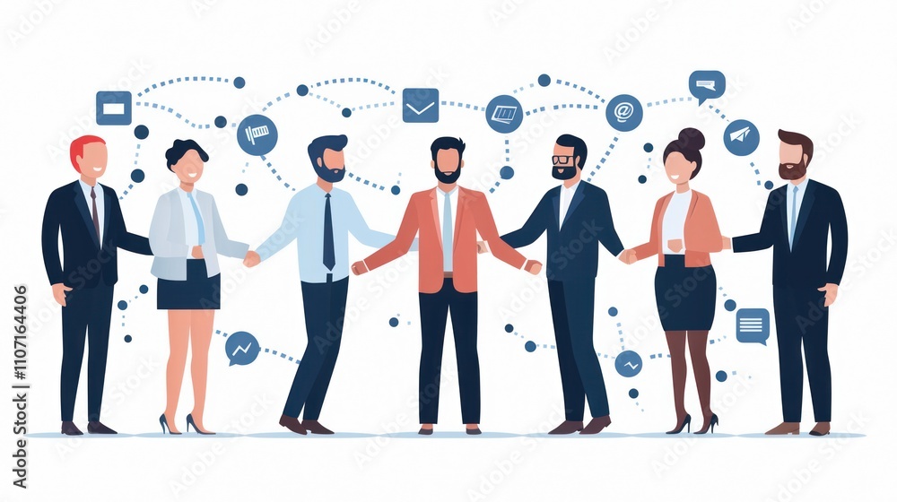 Poster a diverse group of people engaged in networking and communication, surrounded by icons representing 