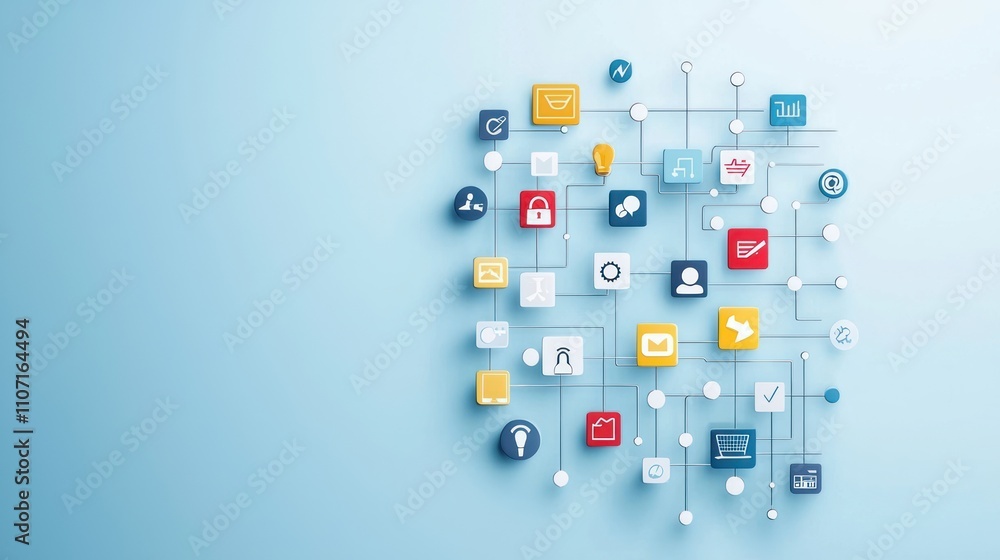 Poster a vibrant collection of digital icons connected by lines, representing various online services and t