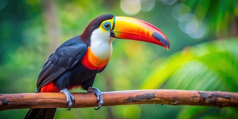 Obraz premium Colorful Toucan Toco bird perched on a branch , wildlife, exotic, vibrant, tropical, feathers, beak