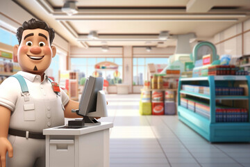 Fototapeta premium 3D cashier at registration, supermarket remix