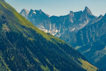 Naklejka premium Alpine summer view at Mount Penken, Mayrhofen, Finkenberg, Zillertal valley, Schwaz, Zell am Ziller, Tyrol, Austria