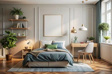 Surreal Room Interior with Mockup Poster, Cozy Bed, and Artistic Desk Creating a Harmonious and Lively Atmosphere for Creative Inspiration and Relaxation