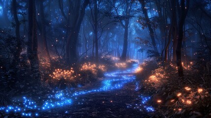 Fototapeta premium A serene forest path illuminated by ethereal blue lights, surrounded by soft glowing flora, creating a magical, enchanting atmosphere.