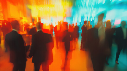 
A lively business networking event with professionals engaged in discussions, with blurred figures conveying a dynamic atmosphere of movement and interaction.