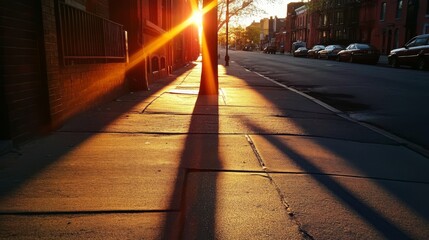 Sunset casts long shadows on a city street.