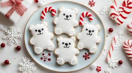 Fototapeta premium Playful polar bear cookies, white icing fur with black candy for features, arranged on a holiday-themed platter surrounded by candy canes and snowflakes