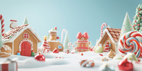 Obraz premium Gingerbread houses and candy canes in a fun 3D Christmas flatlay 