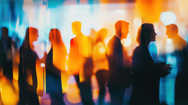 
A lively business networking event with professionals engaged in discussions, with blurred figures conveying a dynamic atmosphere of movement and interaction.