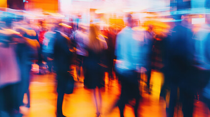
A lively business networking event with professionals engaged in discussions, with blurred figures conveying a dynamic atmosphere of movement and interaction.