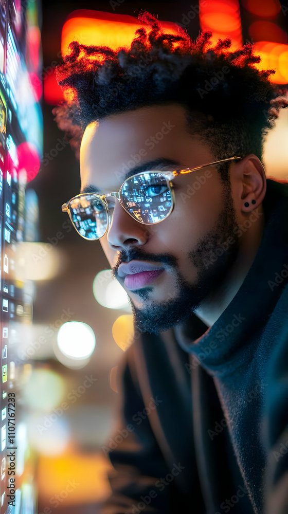 Poster A man with glasses gazes intently at a colorful digital display in a vibrant urban setting.