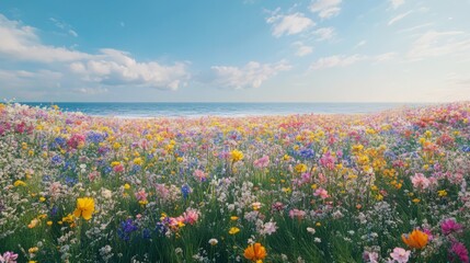 Fototapeta premium Vibrant wildflowers bloom near a calm ocean under a bright sky.