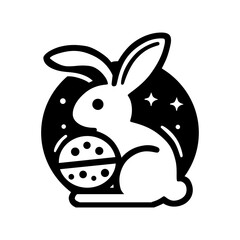 a black and white drawing of a rabbit holding a easter egg.