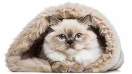 Fototapeta premium A beautiful, fluffy cat with blue eyes relaxes under a soft blanket, offering cozy vibes perfect for pet-themed or winter advertising.