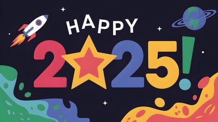 2025 New Year greeting card with rocket, star, and educational science theme, ideal for space-themed celebrations and school projects.
