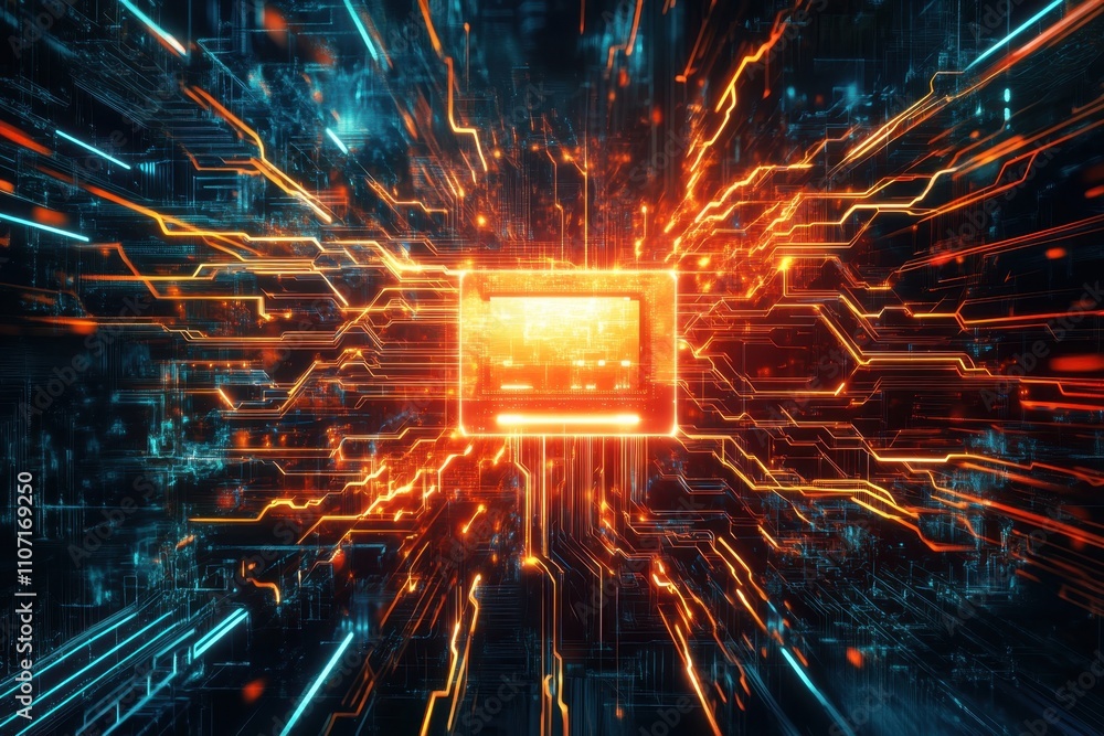 Poster digital explosion of colorful circuits and vibrant signals in a futuristic setting