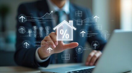 Fototapeta premium Businessman Interacting with Digital Real Estate Financial Interface