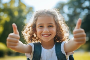 Laughing curly primary school girl wearing backpack looking at camera with his thumbs up on sunny day against blue sky outdoors