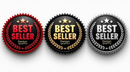 Set of Three Circular Best Seller Badges in Red Gold and Silver