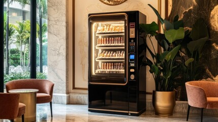 Luxury vending machine filled with premium chocolates, sparkling water, and elegant packaging, set in an upscale lobby