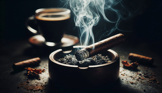 Smoldering cigar in an ashtray with a steaming cup of coffee, set in a dimly lit ambiance