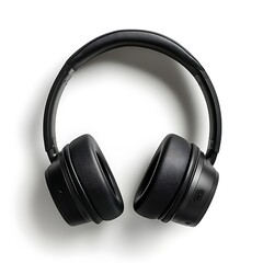 Black wireless headphones isolated on white background, modern sound technology device.