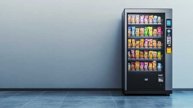Modern vending machine with sleek design, brightly lit, filled with colorful snacks and drinks, set against a neutral background