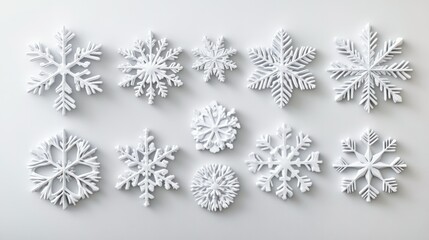 Multiple snowflake designs rendered in 3D, displayed elegantly on a minimalist white backdrop