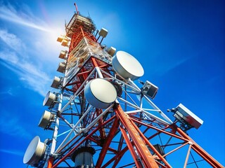 Telecommunication Antenna Against a Clear Sky with Copy Space for Wireless Communication Technology Concept, Signal Transmission, and Connectivity Themes