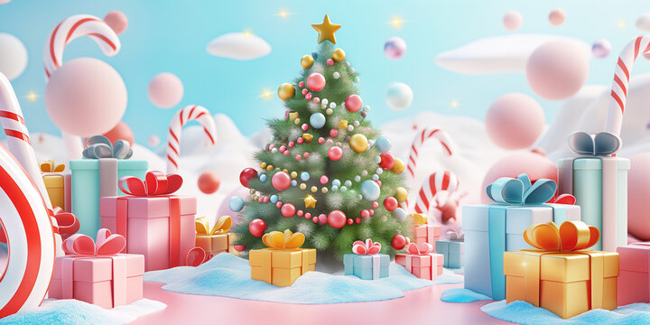 Festive Christmas background with Christmas tree and big gifts in blue and pink theme